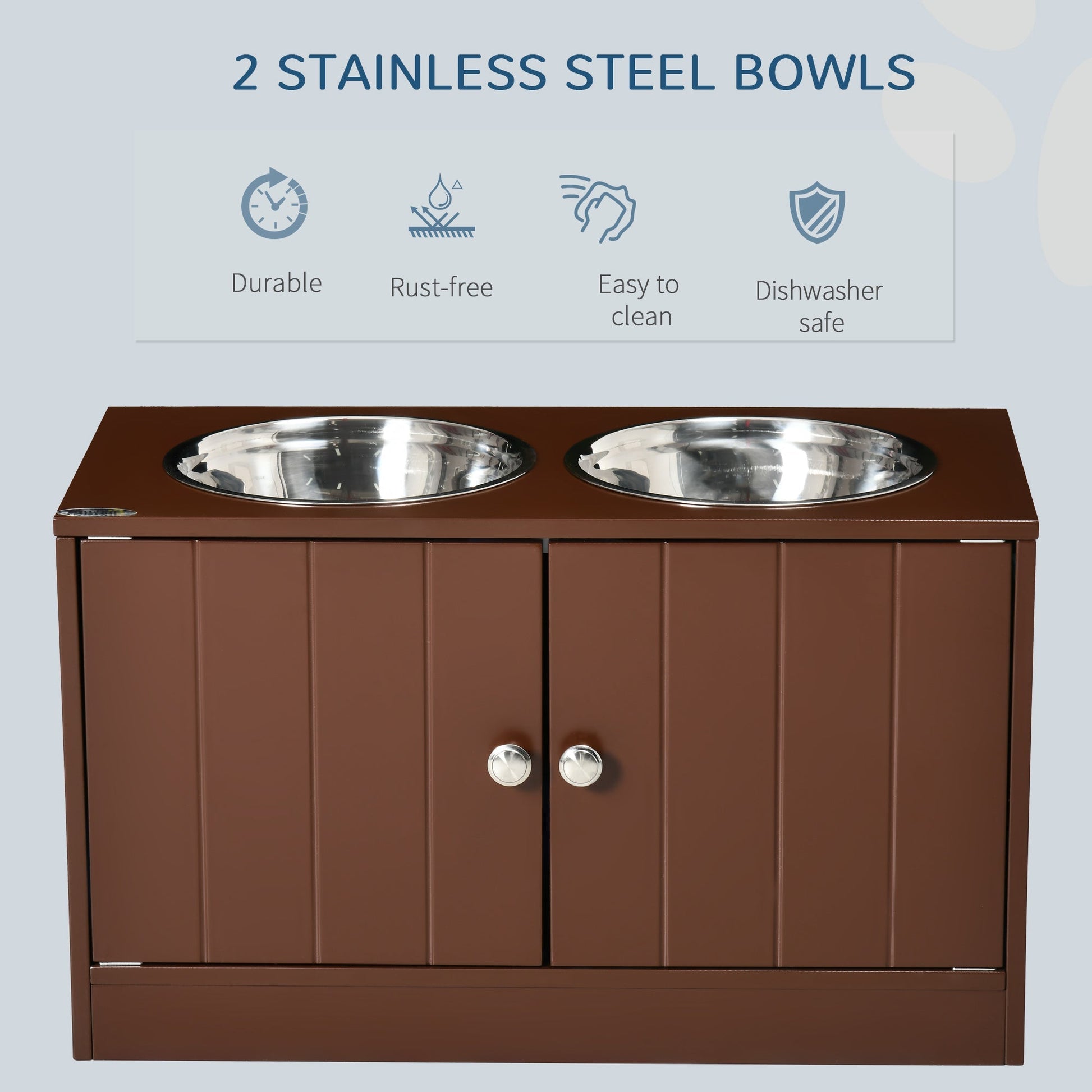 HKM-3528637 Raised Dog Bowl Stand with Storage Cabinet for Large Dogs - Brown MDF and Stainless Steel Feeding Station