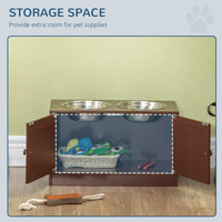 HKM-3528637 Raised Dog Bowl Stand with Storage Cabinet for Large Dogs - Brown MDF and Stainless Steel Feeding Station