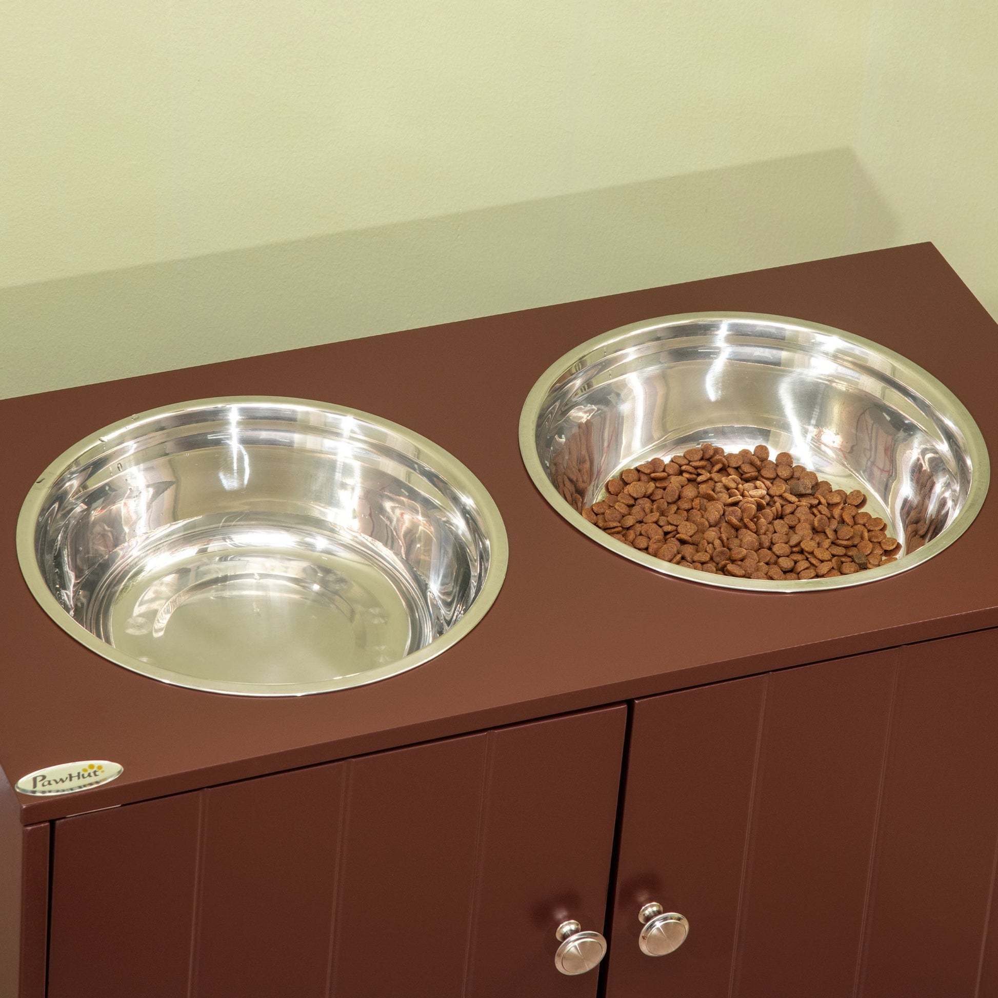 HKM-3528637 Raised Dog Bowl Stand with Storage Cabinet for Large Dogs - Brown MDF and Stainless Steel Feeding Station