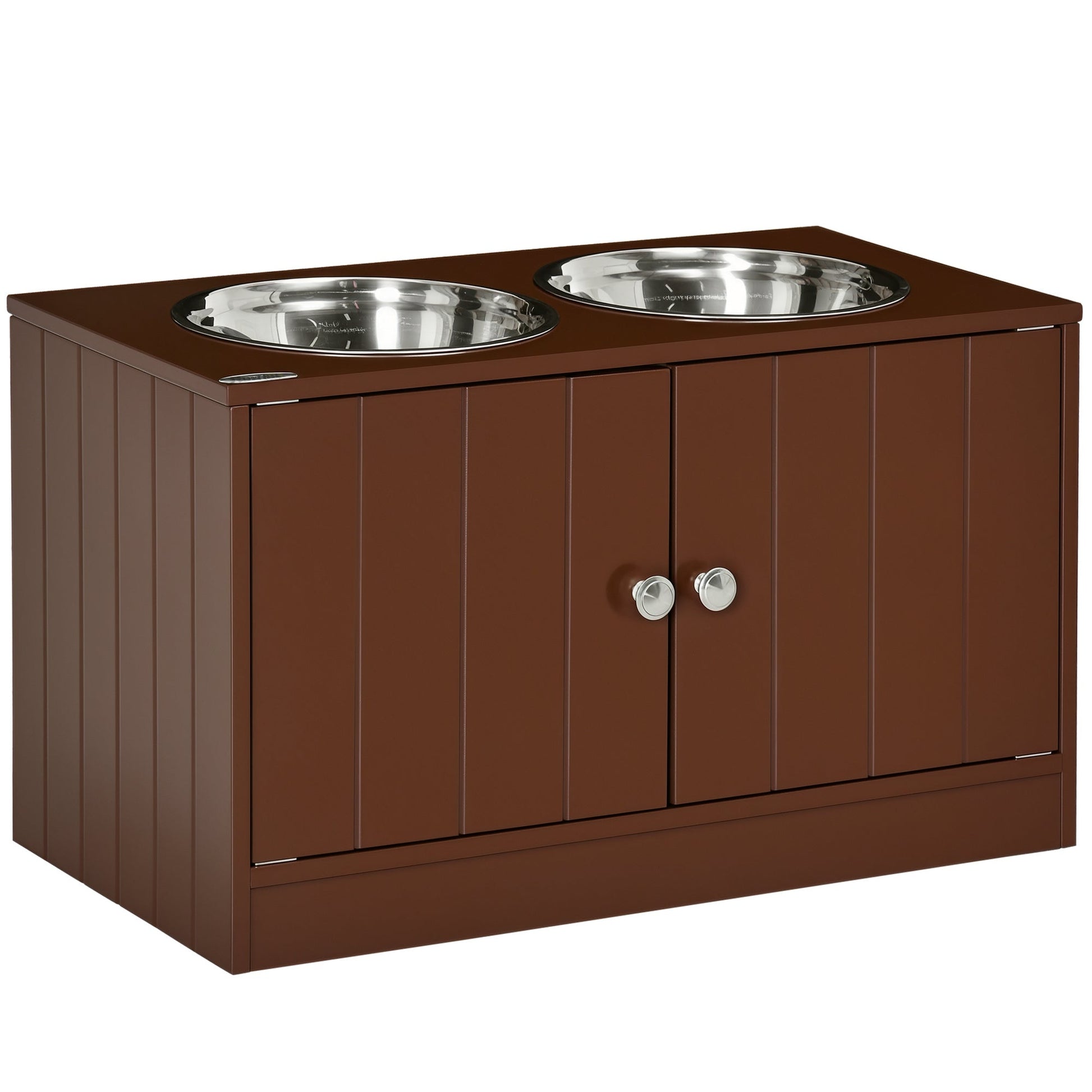 HKM-3528637 Raised Dog Bowl Stand with Storage Cabinet for Large Dogs - Brown MDF and Stainless Steel Feeding Station