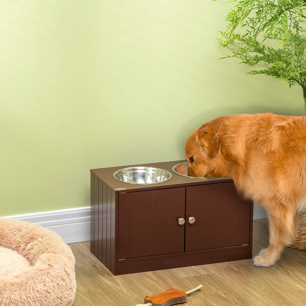 HKM-3528637 Raised Dog Bowl Stand with Storage Cabinet for Large Dogs - Brown MDF and Stainless Steel Feeding Station