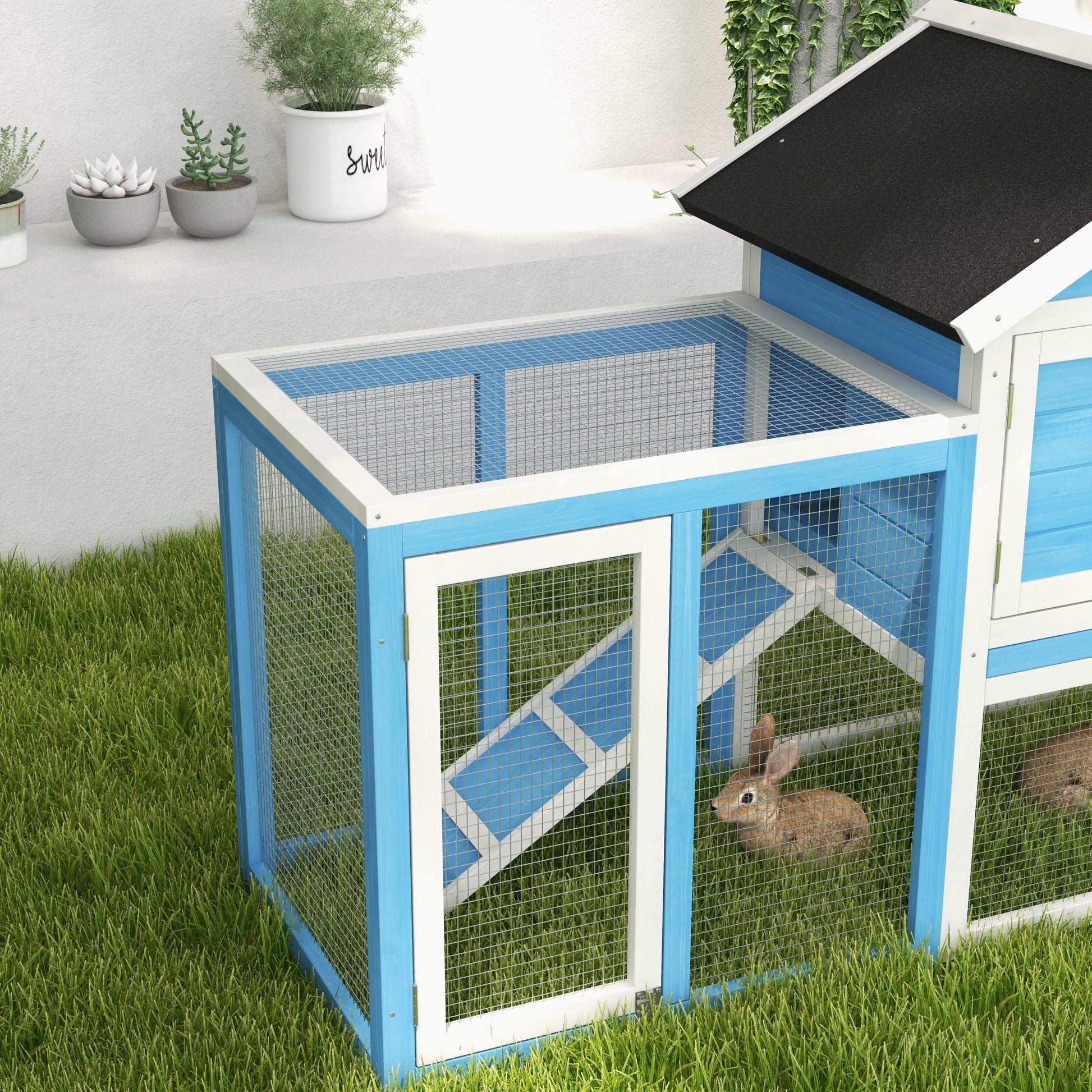 HKM-3532093 48" Outdoor Wooden Rabbit Hutch with Waterproof Roof and Removable Tray, Light Blue