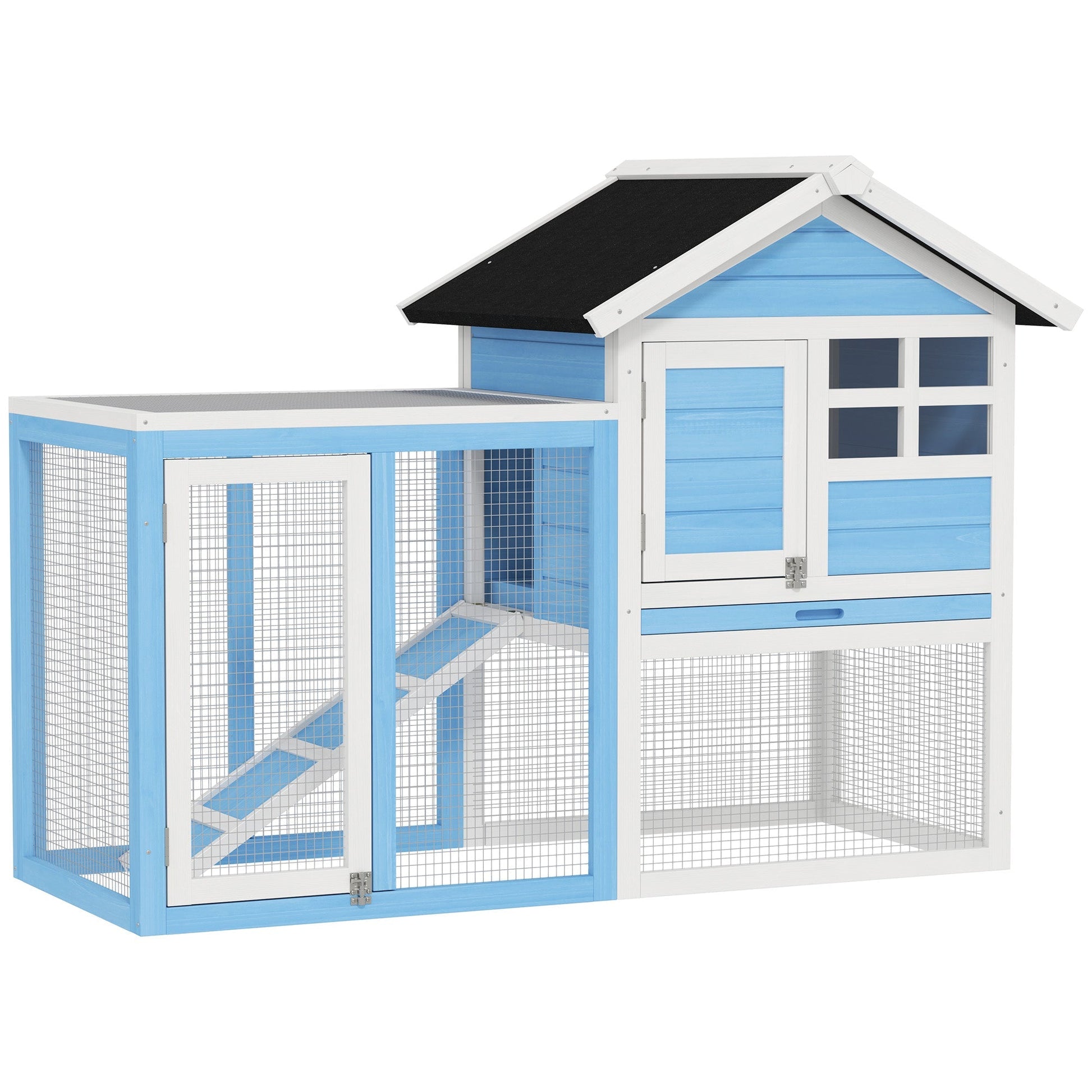 HKM-3532093 48" Outdoor Wooden Rabbit Hutch with Waterproof Roof and Removable Tray, Light Blue