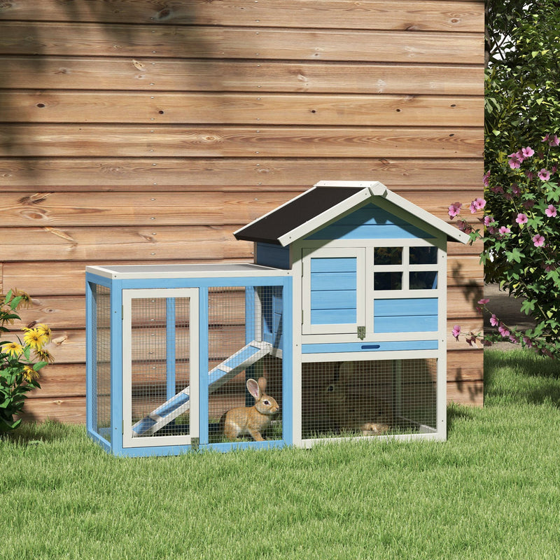 HKM-3532093 48" Outdoor Wooden Rabbit Hutch with Waterproof Roof and Removable Tray, Light Blue