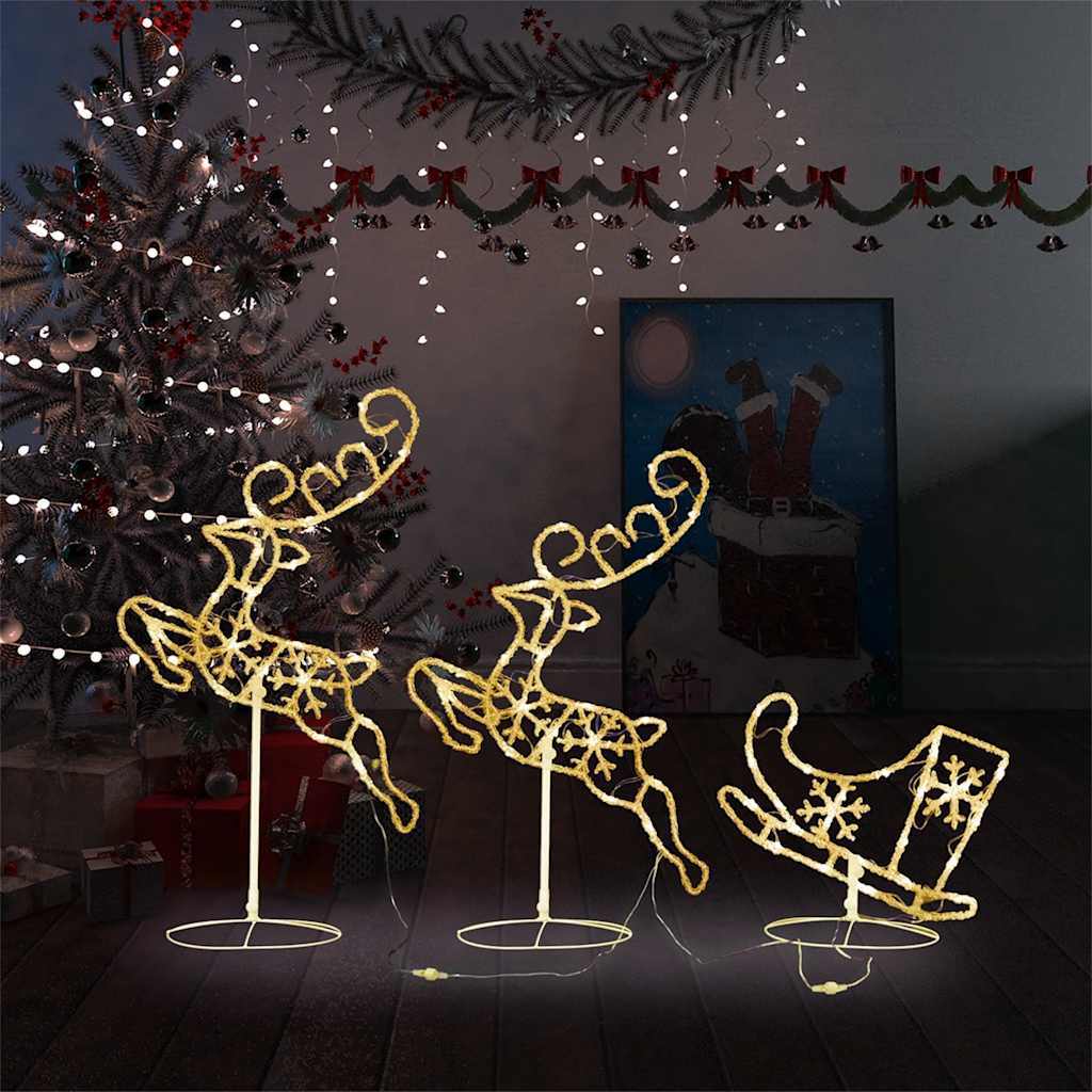 HKM-353299 LED Acrylic Christmas Reindeer and Sleigh Decoration with 8 Light Effects - 260x21x87 cm