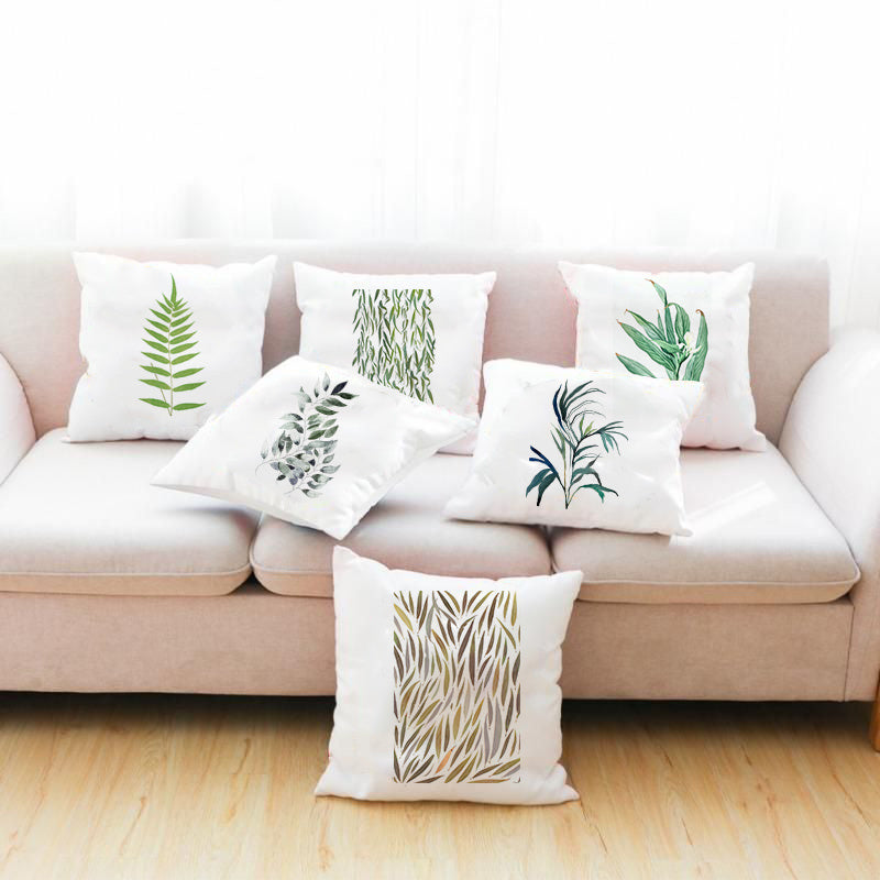 HKM-353555 Green Botanical Print White Pillowcase, 45cm x 45cm Polyester Cushion Cover with Zipper, Soft Touch for Home Decor