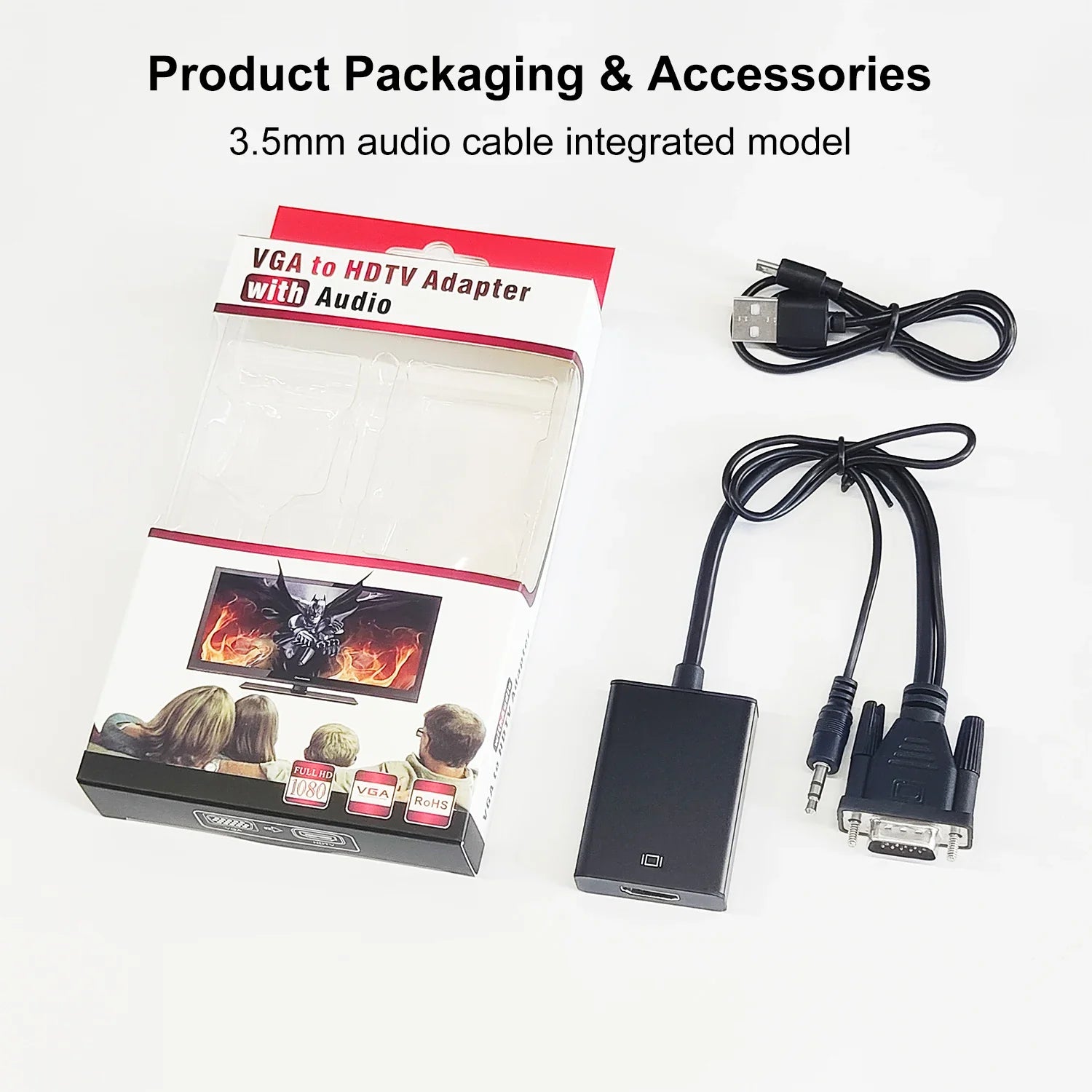 HKM-354003 VGA to HDMI Adapter with 3.5mm Audio Output for PC, Laptop, and Projector - Supports 1080P Resolution