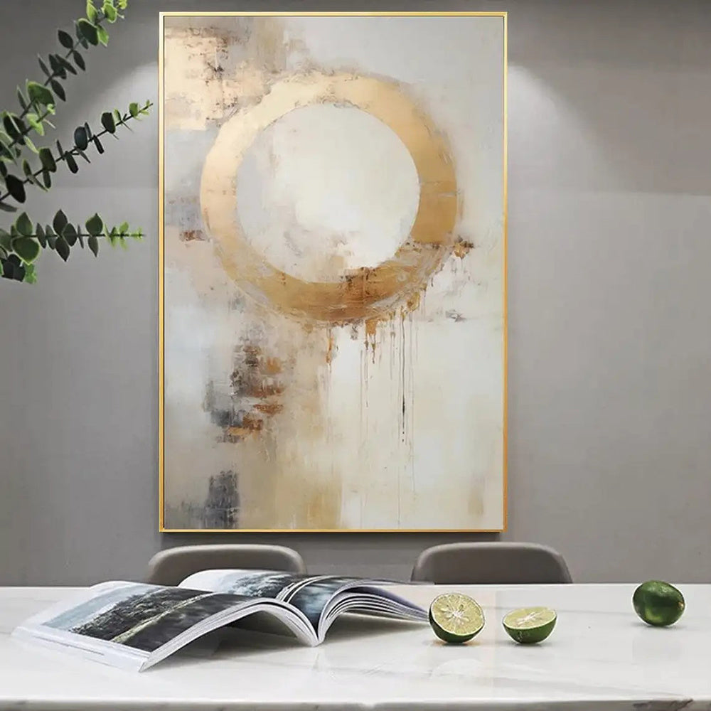 HKM-354579 Hand-Painted Modern Abstract Oil Painting on Canvas - Golden Circle Design for Home Decor
