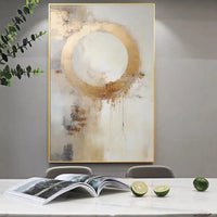 HKM-354579 Hand-Painted Modern Abstract Oil Painting on Canvas - Golden Circle Design for Home Decor