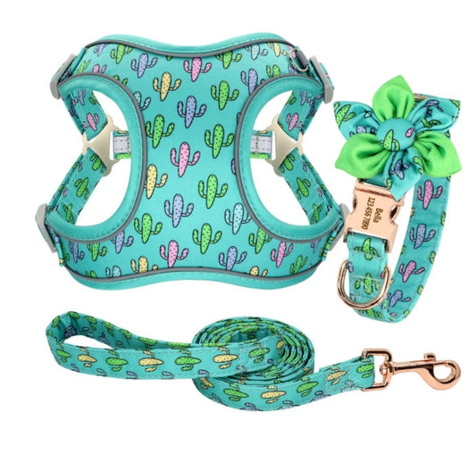 HKM-354835 Teddy Pomeranian Bichon Vest and Collar Set with Chest Strap and Chain - Cactus Print