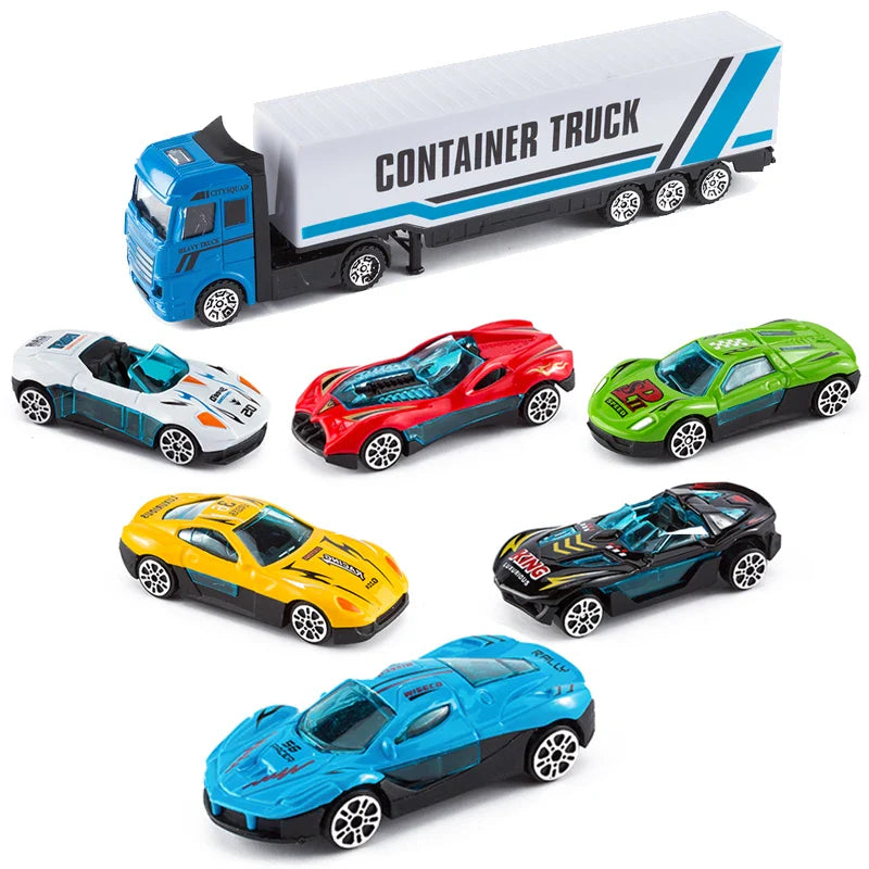 HKM-354899 Diecast Alloy Vehicle Set with 5 Cars and 1 Tractor Trailer for Pretend Play