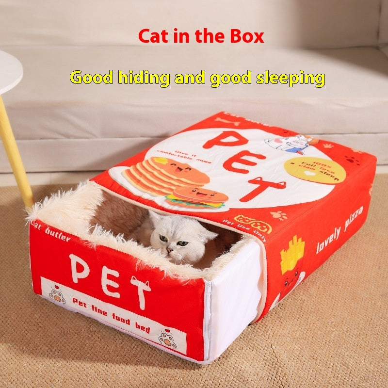 HKM-3549757 Rectangular Fully Enclosed Pet Bed for Cats - Soft Cloth, Red/Blue, Size M & L