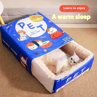 HKM-3549757 Rectangular Fully Enclosed Pet Bed for Cats - Soft Cloth, Red/Blue, Size M & L