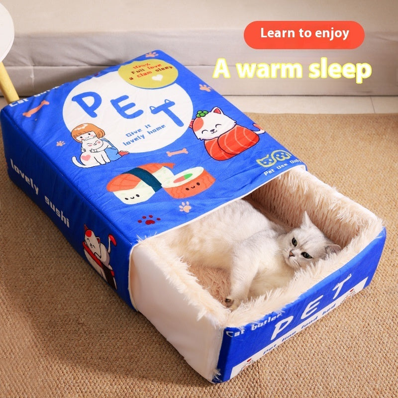 HKM-3549757 Rectangular Fully Enclosed Pet Bed for Cats - Soft Cloth, Red/Blue, Size M & L