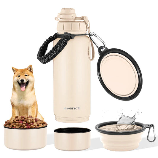 HKM-355155 Stainless Steel 32oz Portable Dog Water Bottle with Foldable Travel Bowl and Storage Bottom