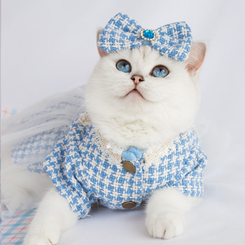 HKM-3553853 Tulle Tutu Skirt for Dogs and Cats with Matching Head Flower - Blue Smile Design