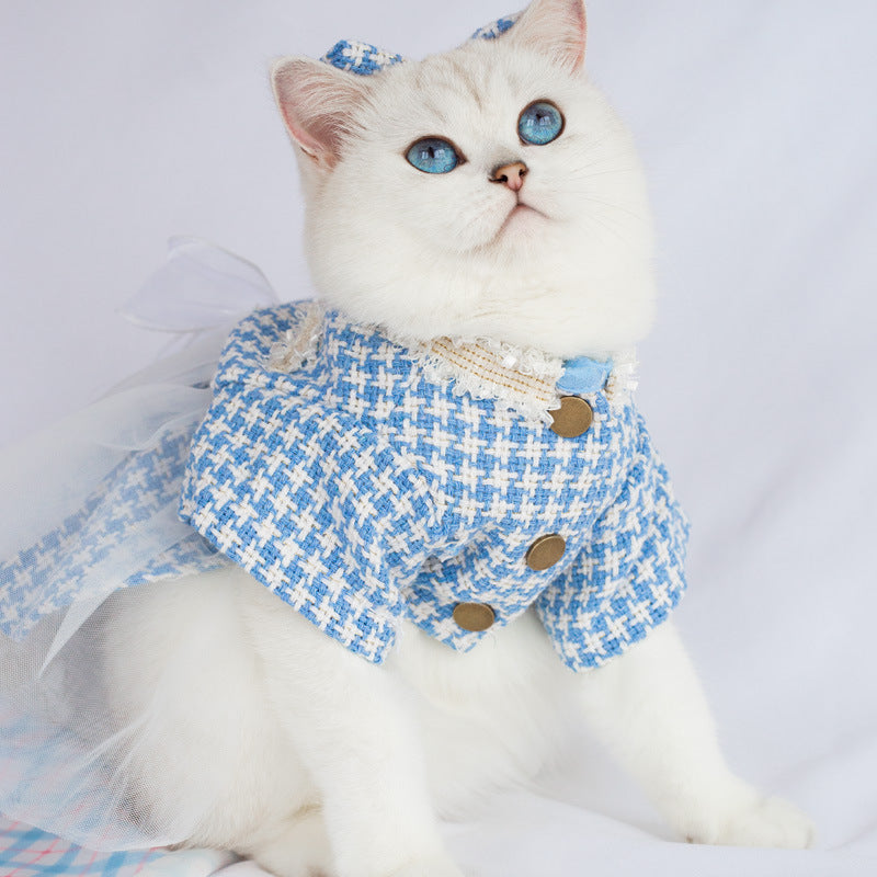 HKM-3553853 Tulle Tutu Skirt for Dogs and Cats with Matching Head Flower - Blue Smile Design