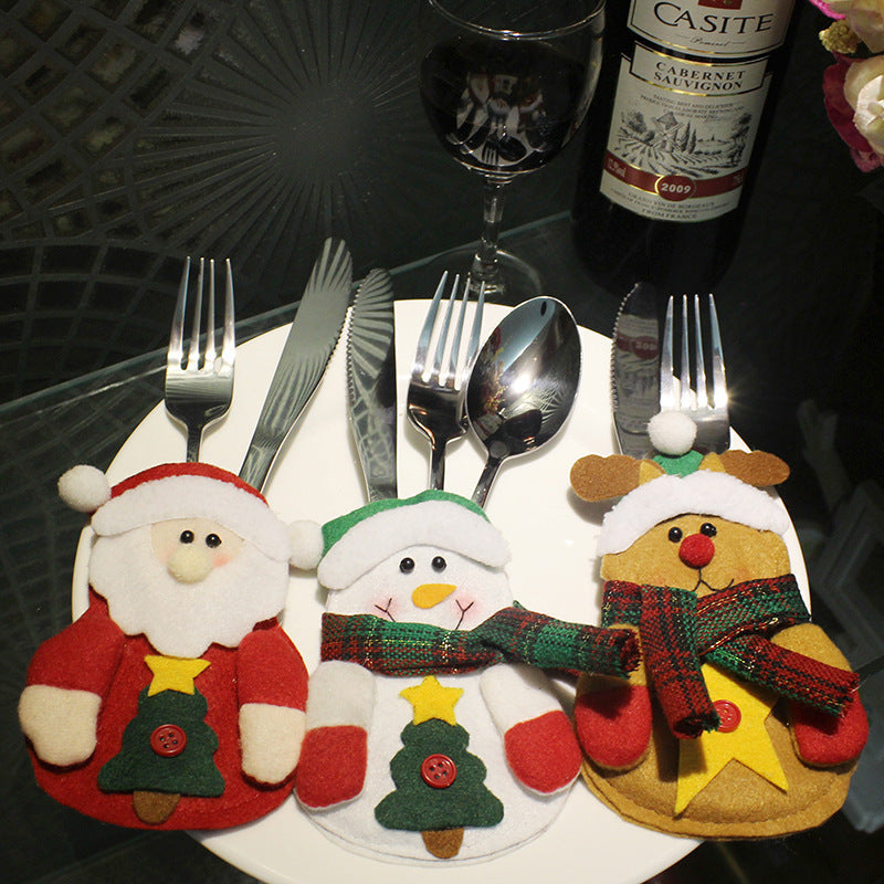HKM-355411 Christmas-Themed Knife and Fork Set in Wool and Brushed Fabric - Elk, Snowman, Old Man Designs