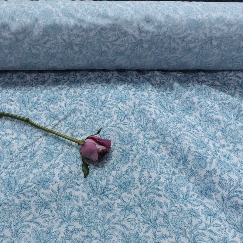 HKM-355475 Blue and White Floral Cotton Fabric for Children's Dresses, Long 1M x 1.45M