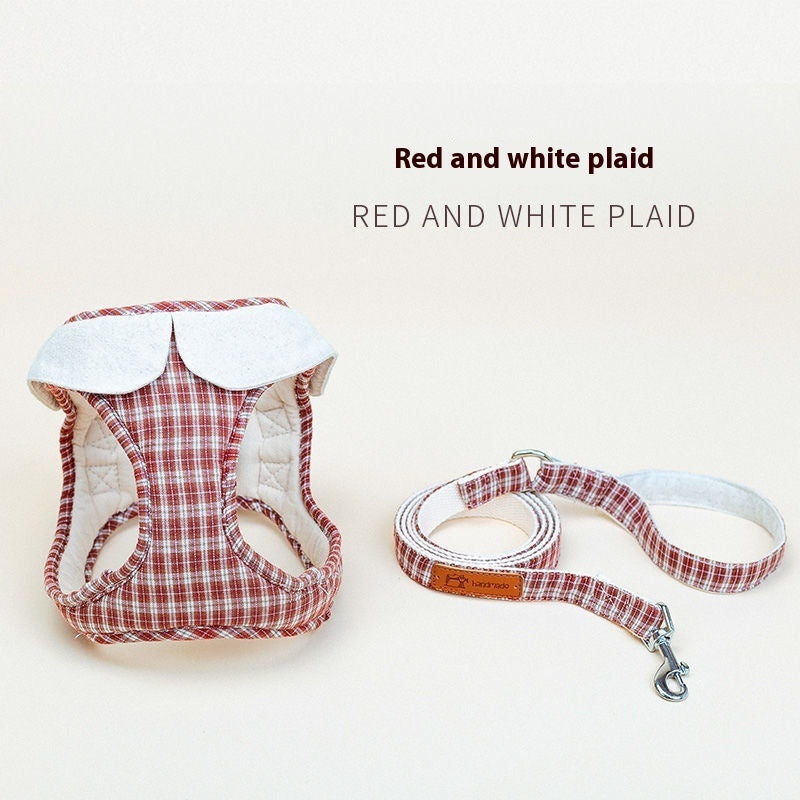 HKM-3556925 Small Plaid Dog Harness with Rope and Leash Options in Red, Blue, and Coffee Patterns