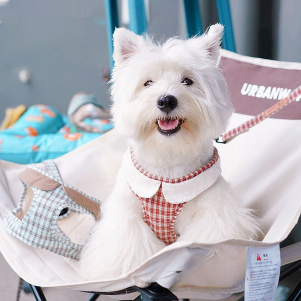 HKM-3556925 Small Plaid Dog Harness with Rope and Leash Options in Red, Blue, and Coffee Patterns