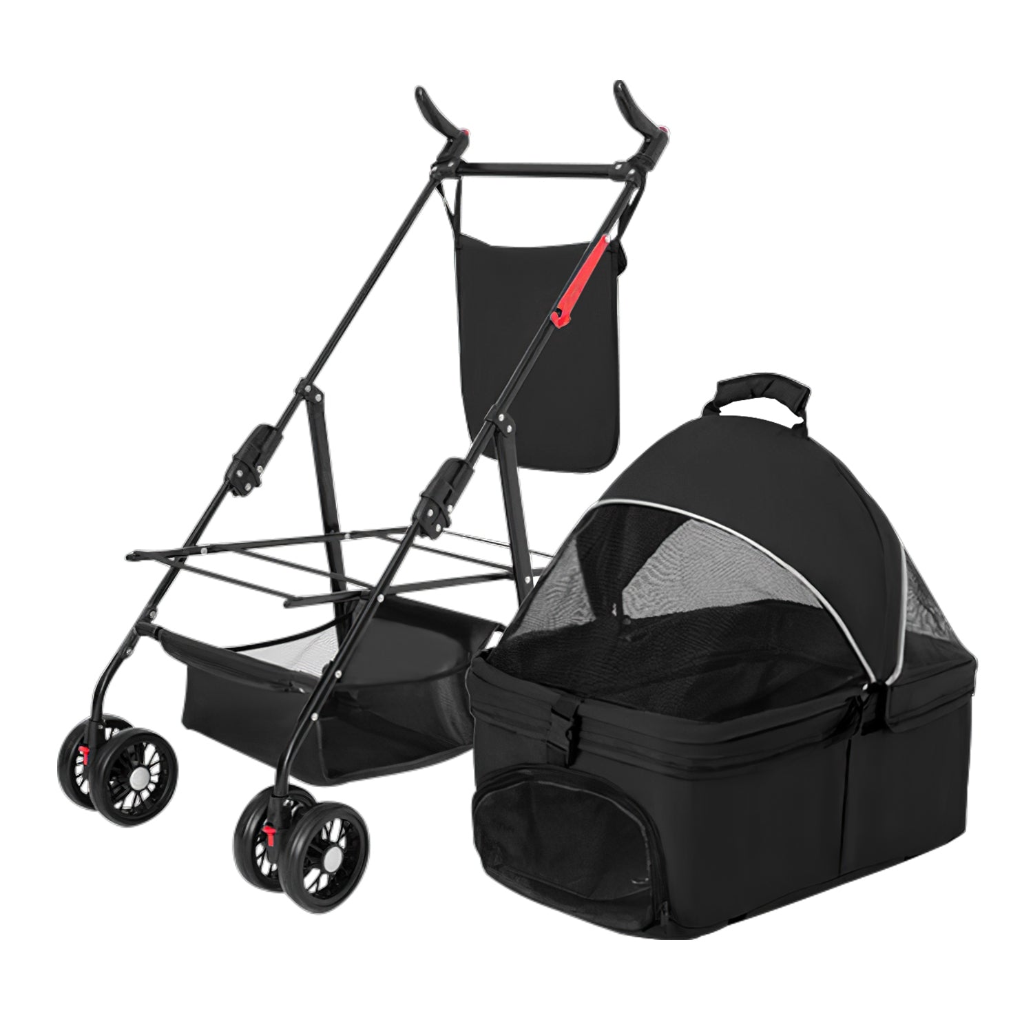 HKM-3557693 Foldable 4-Wheel Pet Stroller with Detachable Carrier Bag and Storage Basket for Dogs and Cats