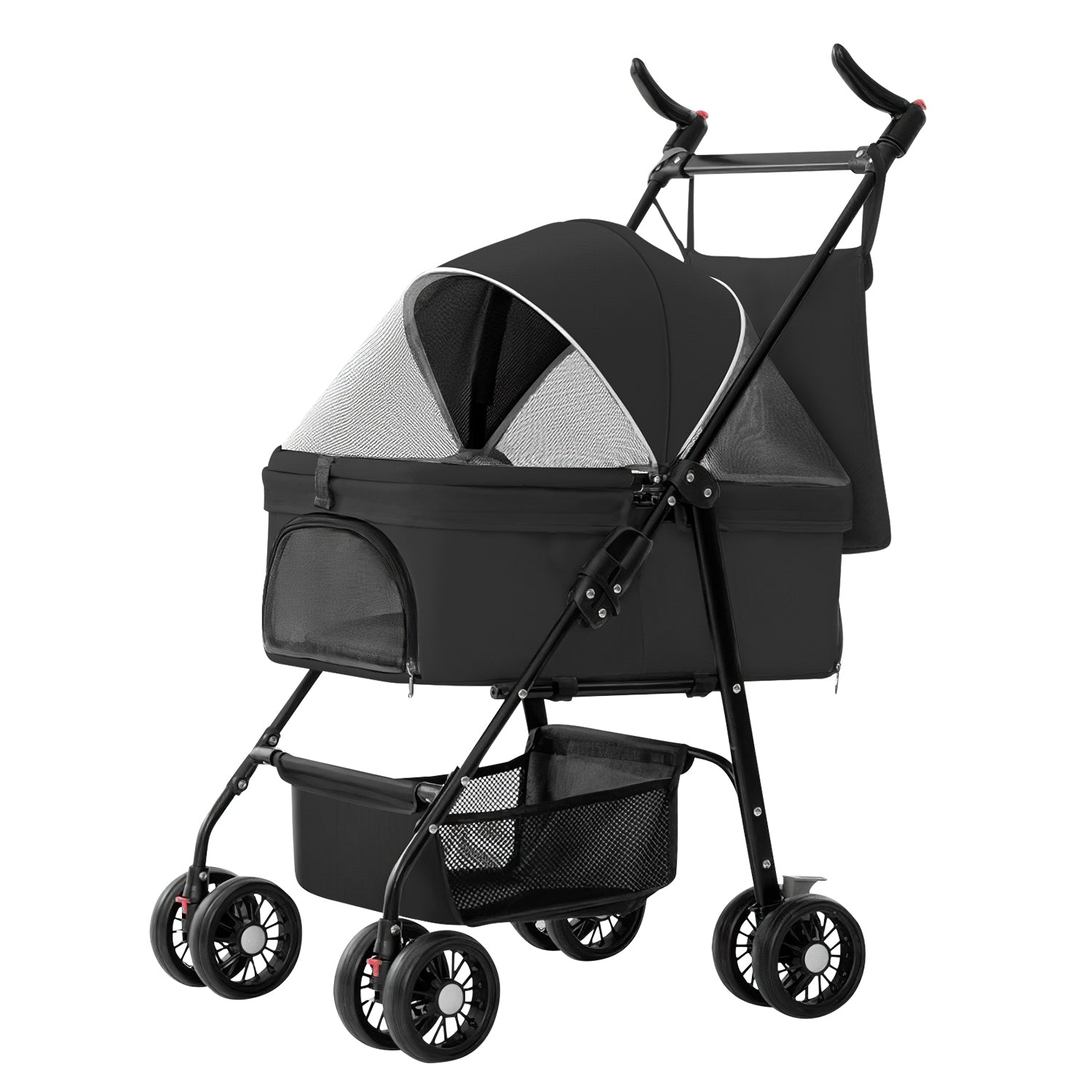 HKM-3557693 Foldable 4-Wheel Pet Stroller with Detachable Carrier Bag and Storage Basket for Dogs and Cats