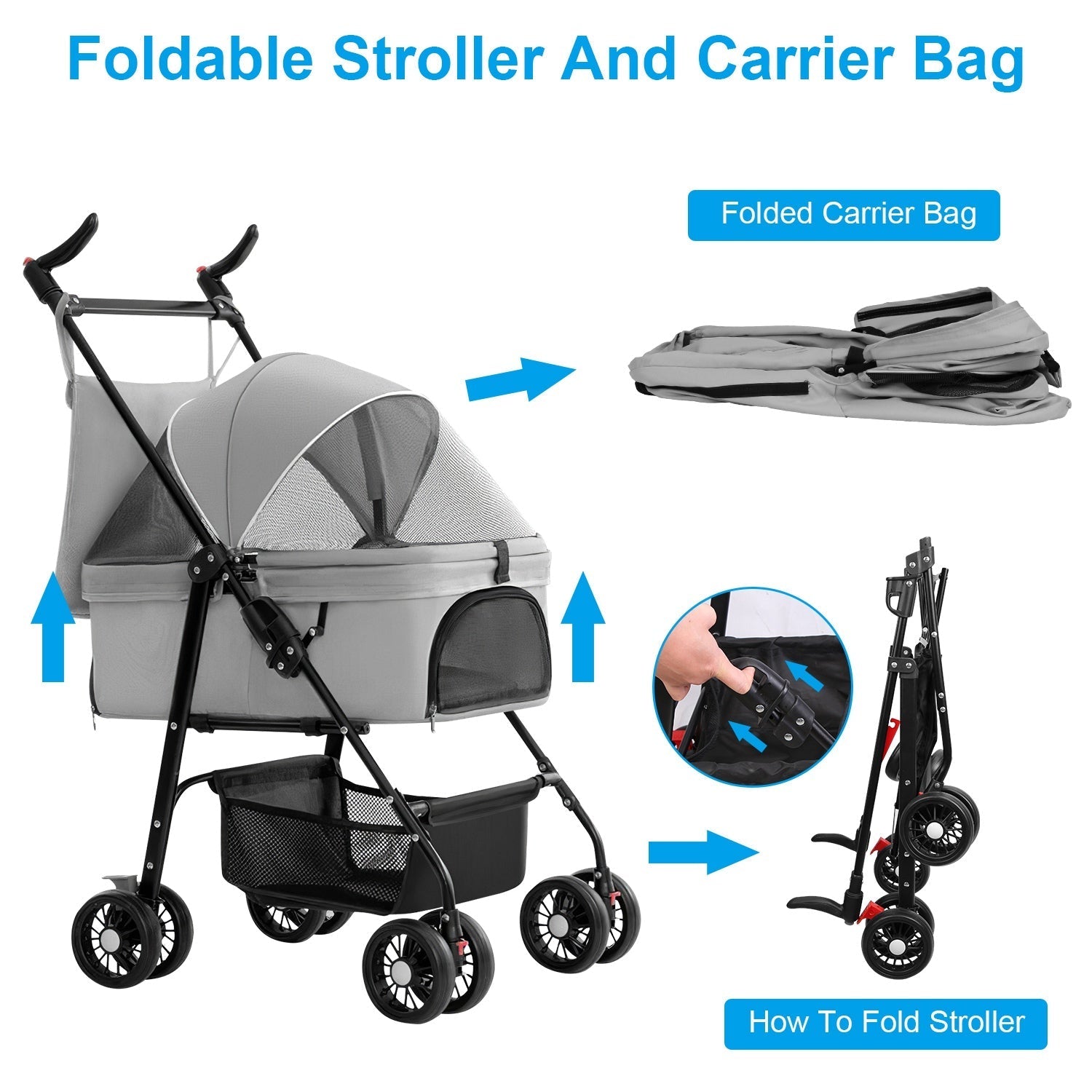 HKM-3557693 Foldable 4-Wheel Pet Stroller with Detachable Carrier Bag and Storage Basket for Dogs and Cats