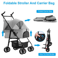 HKM-3557693 Foldable 4-Wheel Pet Stroller with Detachable Carrier Bag and Storage Basket for Dogs and Cats