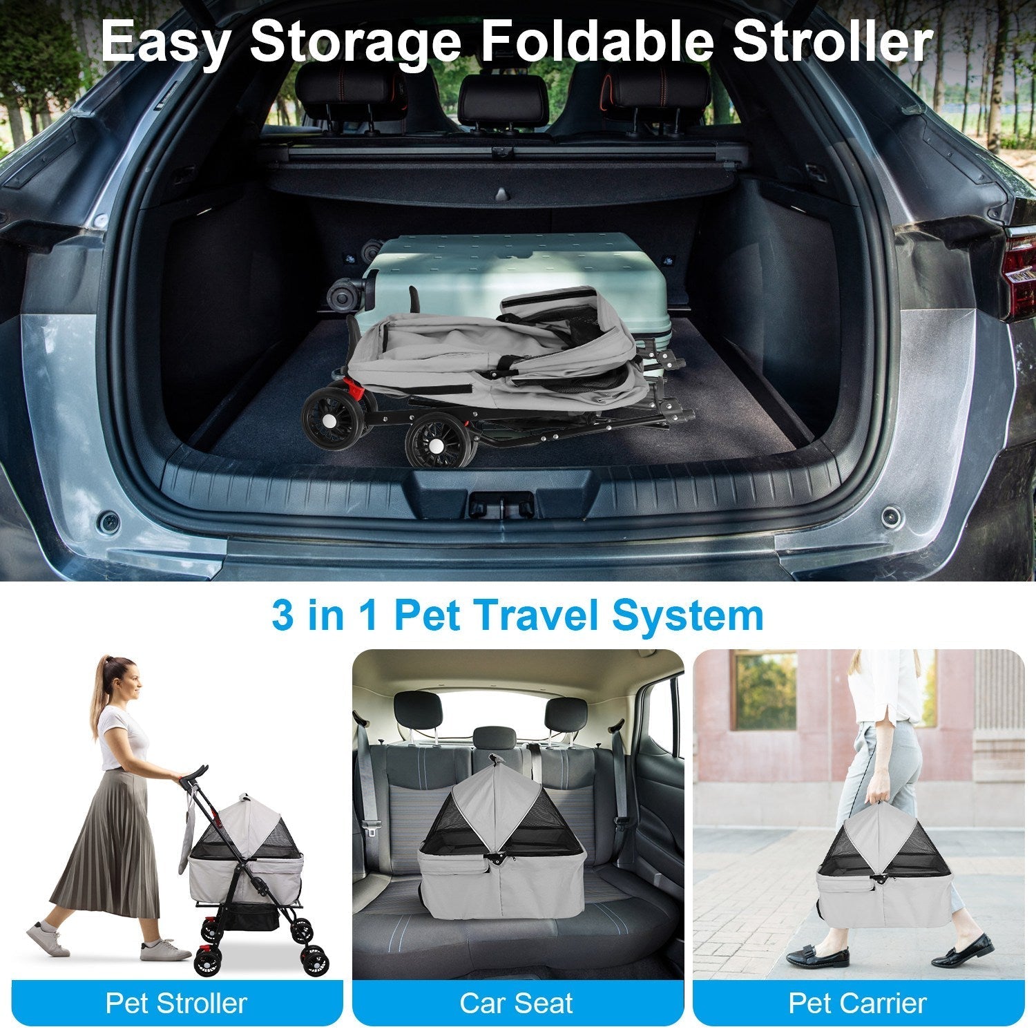 HKM-3557693 Foldable 4-Wheel Pet Stroller with Detachable Carrier Bag and Storage Basket for Dogs and Cats