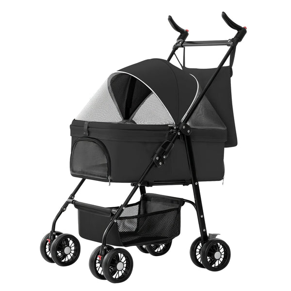 HKM-3557693 Foldable 4-Wheel Pet Stroller with Detachable Carrier Bag and Storage Basket for Dogs and Cats