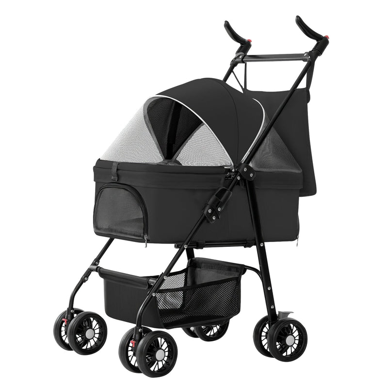 HKM-3557693 Foldable 4-Wheel Pet Stroller with Detachable Carrier Bag and Storage Basket for Dogs and Cats