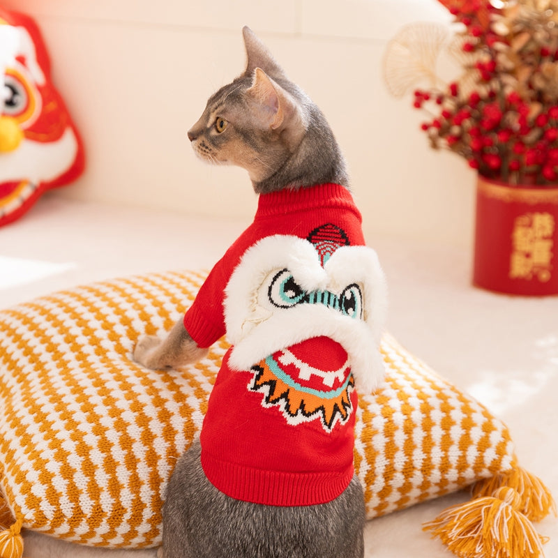 HKM-3559997 Lunar New Year Lion Dance Pet Sweater with 3D Plush Details and Embroidered Accents