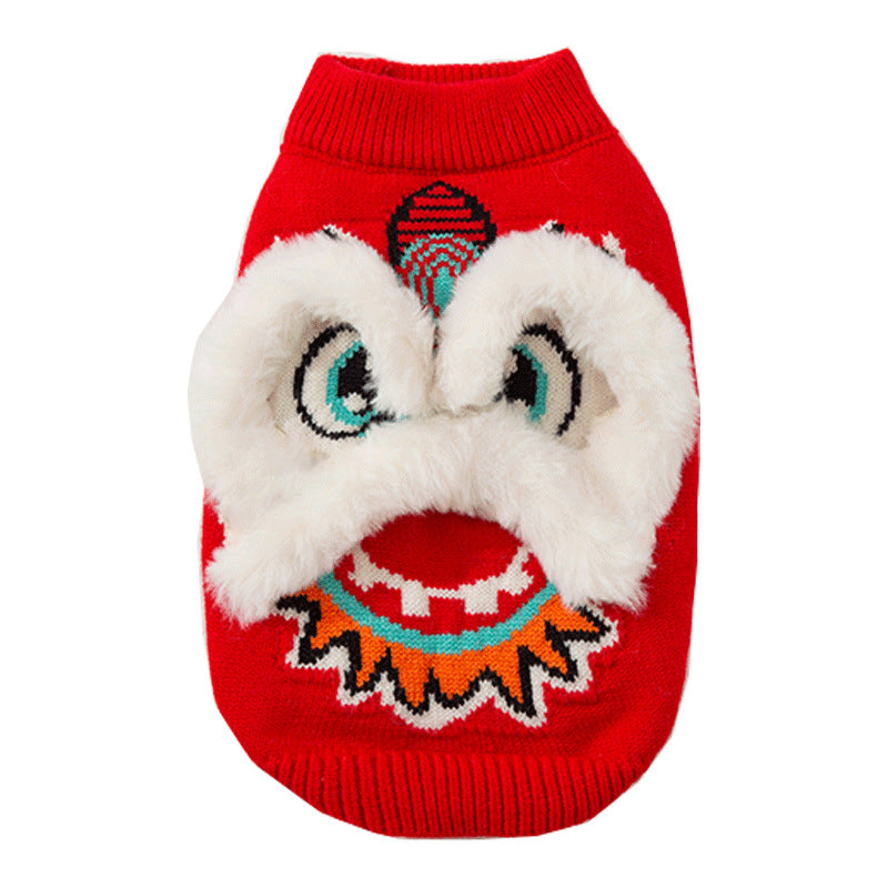 HKM-3559997 Lunar New Year Lion Dance Pet Sweater with 3D Plush Details and Embroidered Accents