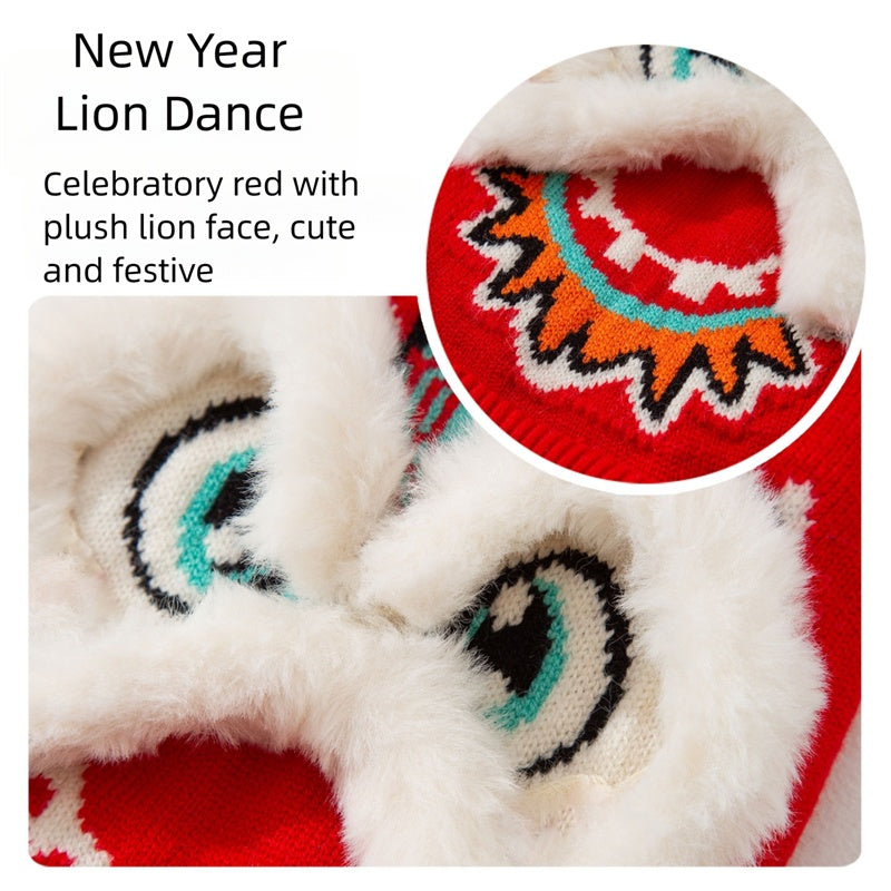HKM-3559997 Lunar New Year Lion Dance Pet Sweater with 3D Plush Details and Embroidered Accents
