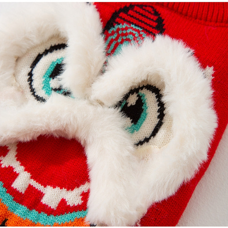 HKM-3559997 Lunar New Year Lion Dance Pet Sweater with 3D Plush Details and Embroidered Accents
