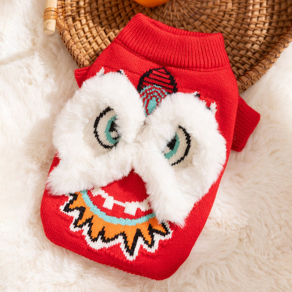 HKM-3559997 Lunar New Year Lion Dance Pet Sweater with 3D Plush Details and Embroidered Accents