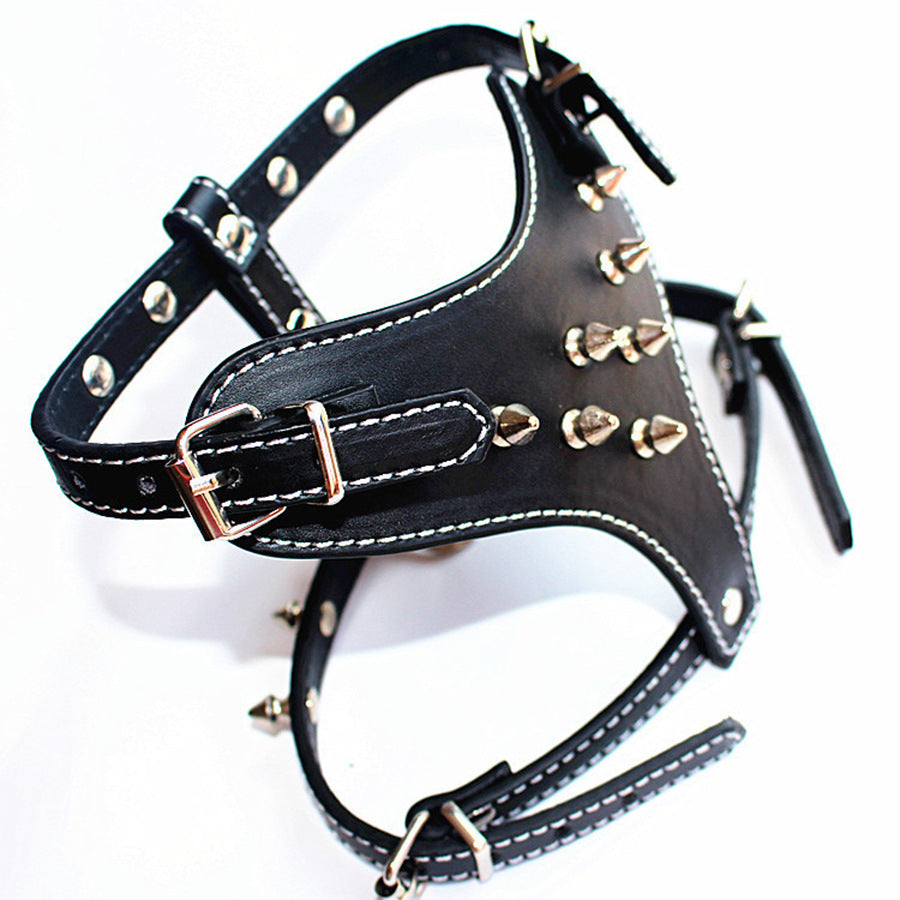 HKM-3560509 Black Spiked Studded Leather Dog Harness for Small Breeds, Adjustable Neck & Chest Size