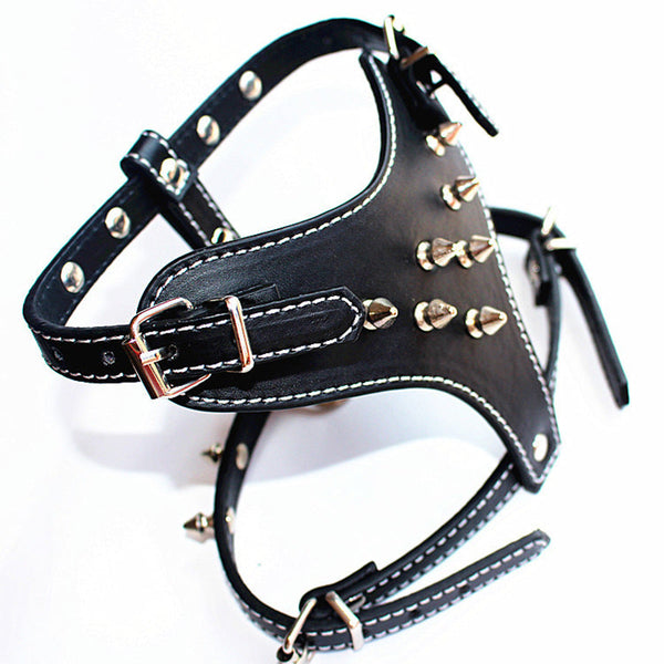 HKM-3560509 Black Spiked Studded Leather Dog Harness for Small Breeds, Adjustable Neck & Chest Size