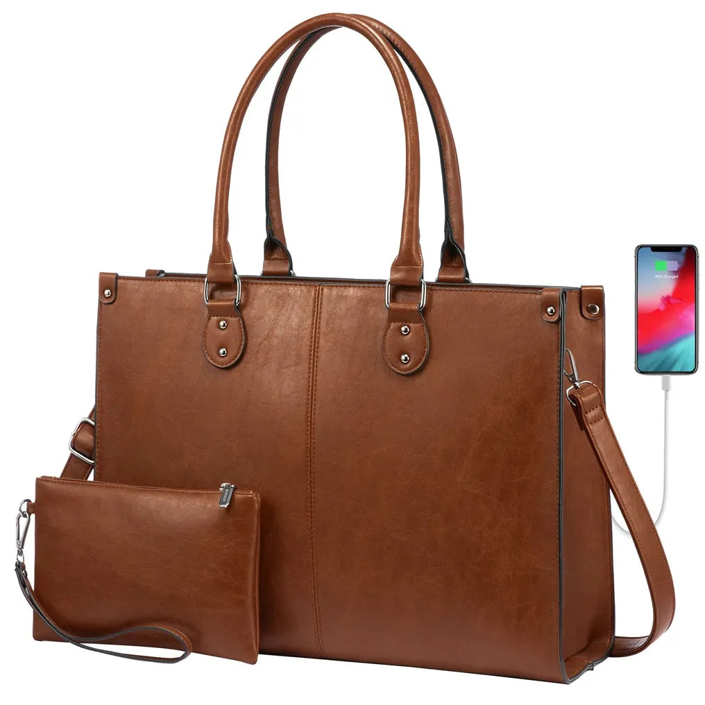 HKM-356499 Women's PU Leather Laptop Tote Bag for 15.6-Inch Laptops - Stylish Office Messenger Handbag
