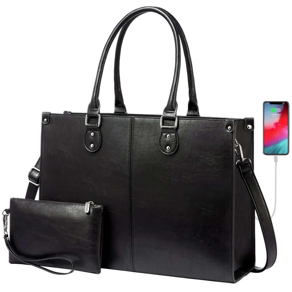 HKM-356499 Women's PU Leather Laptop Tote Bag for 15.6-Inch Laptops - Stylish Office Messenger Handbag