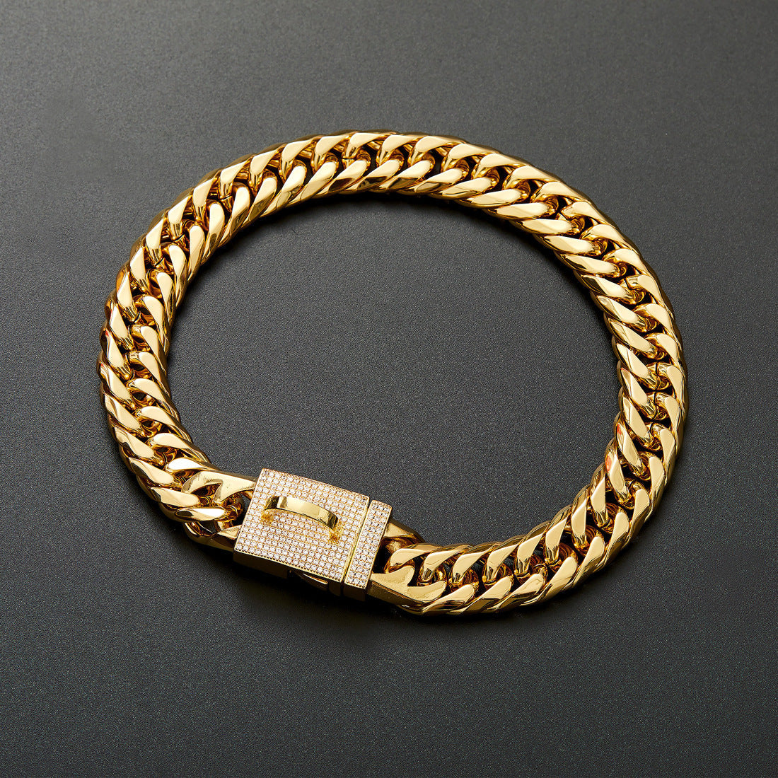 HKM-356819 Golden Stainless Steel Woven Chain Dog Collar - Adjustable Length 14 to 26 Inches