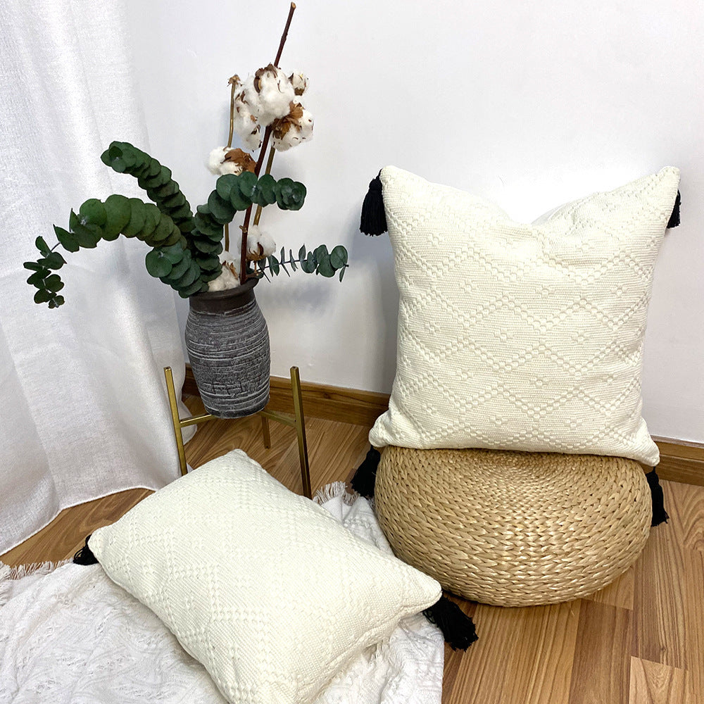 HKM-357075 Cotton Woven Diamond Lattice Fringed Waist Pillow - 30x50 and 45x45 Options Available