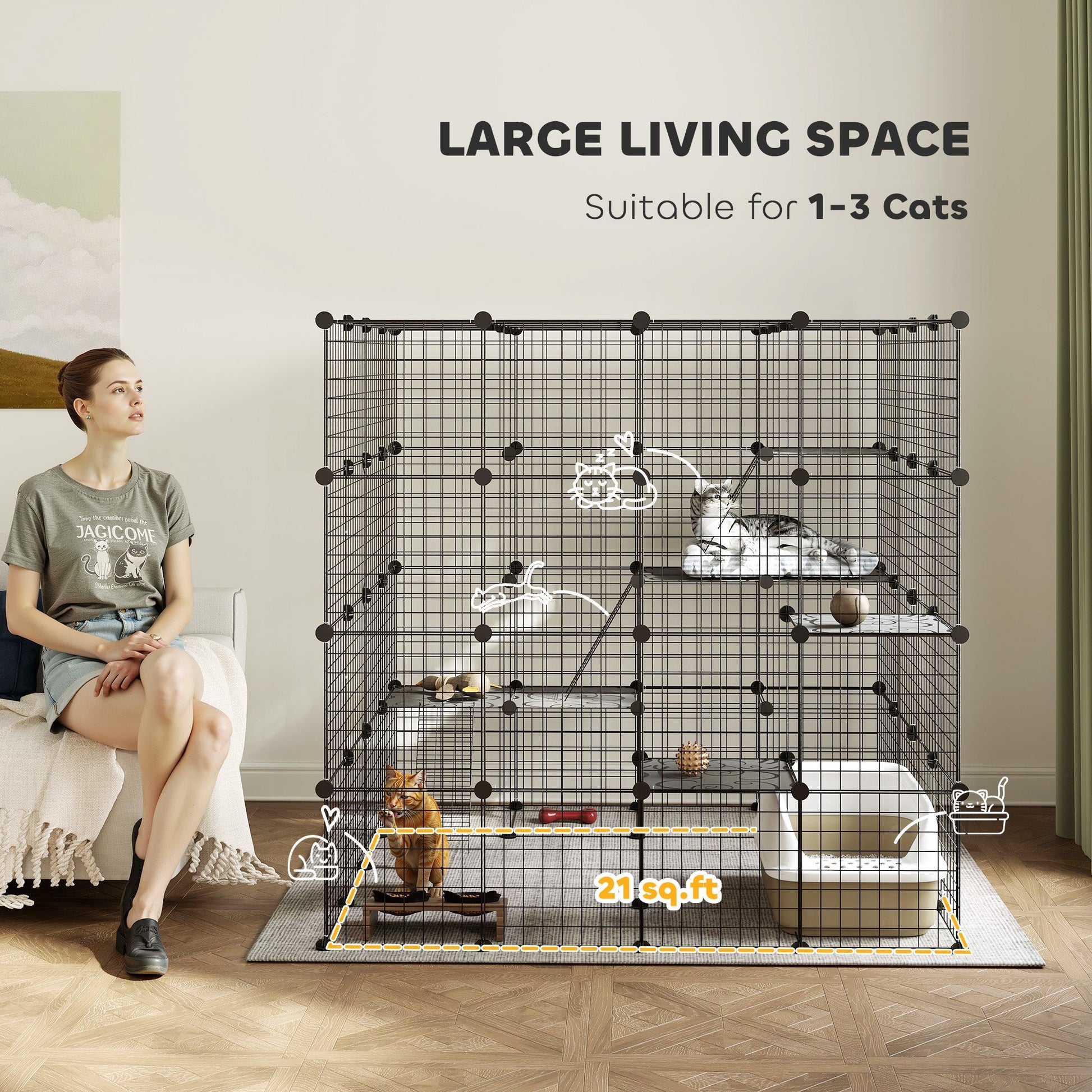 HKM-3571005 Spacious Detachable Metal Cat Cage with Platforms & Ramps for 1-3 Cats, 55" Black