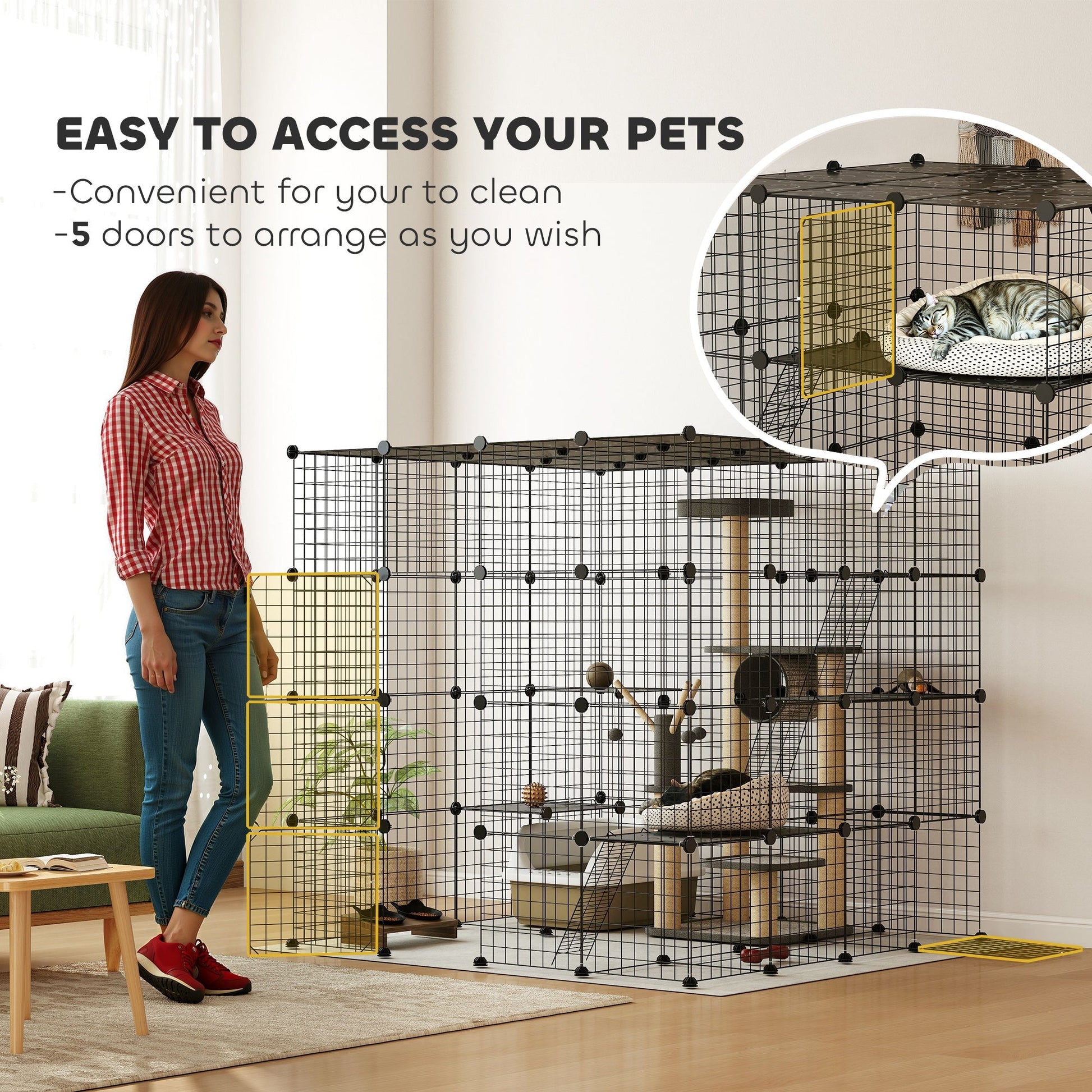 HKM-3571005 Spacious Detachable Metal Cat Cage with Platforms & Ramps for 1-3 Cats, 55" Black