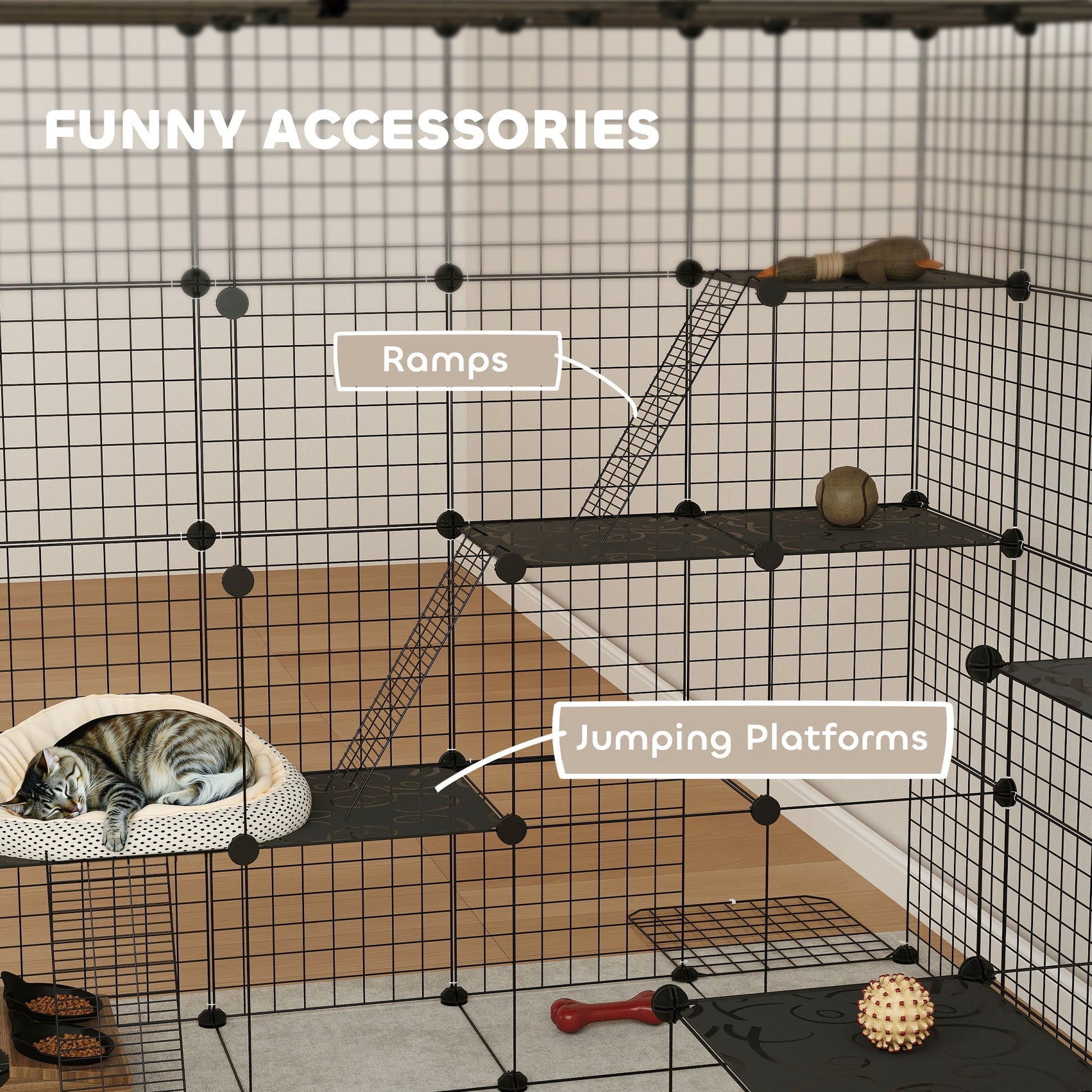 HKM-3571005 Spacious Detachable Metal Cat Cage with Platforms & Ramps for 1-3 Cats, 55" Black