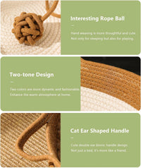 HKM-3574205 Hand Woven Cat Bed with Toy Tail - Natural Cotton and Linen, Breathable Indoor Mat for Small Breeds