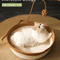 HKM-3574205 Hand Woven Cat Bed with Toy Tail - Natural Cotton and Linen, Breathable Indoor Mat for Small Breeds