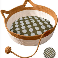 HKM-3574205 Hand Woven Cat Bed with Toy Tail - Natural Cotton and Linen, Breathable Indoor Mat for Small Breeds