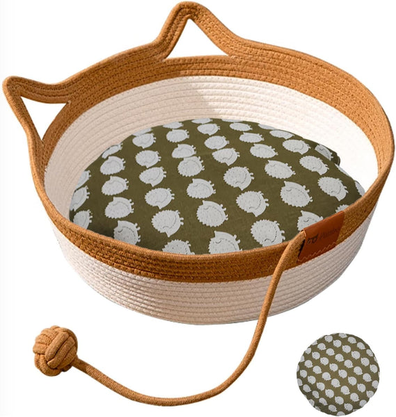 HKM-3574205 Hand Woven Cat Bed with Toy Tail - Natural Cotton and Linen, Breathable Indoor Mat for Small Breeds
